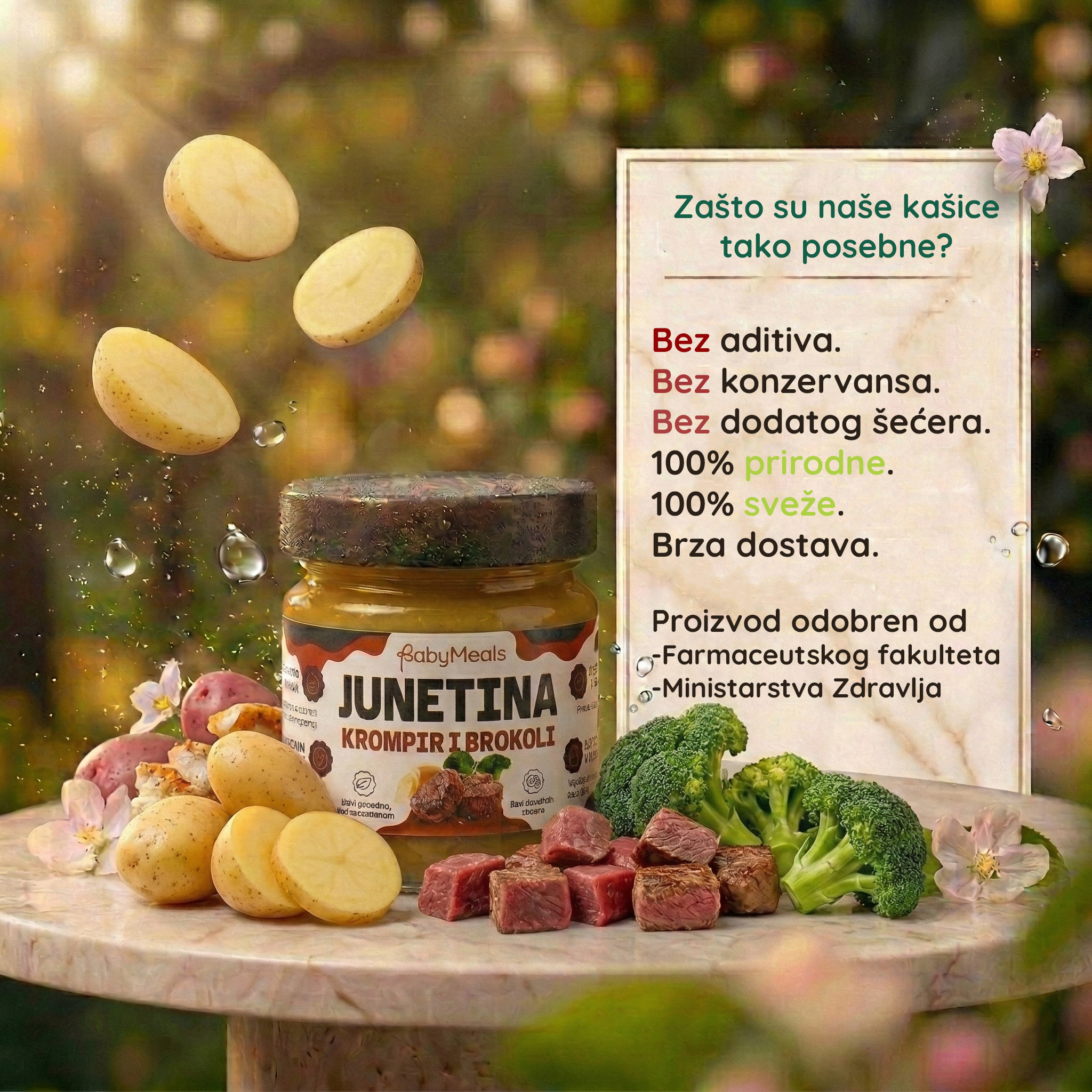 Sastojci kašice — juneće meso, krompir i brokoli