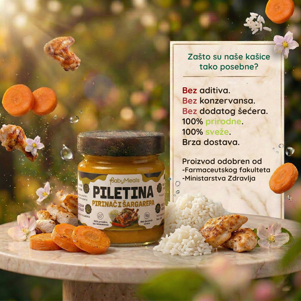 Sastojci kašice — piletina, pirinač i šargarepa